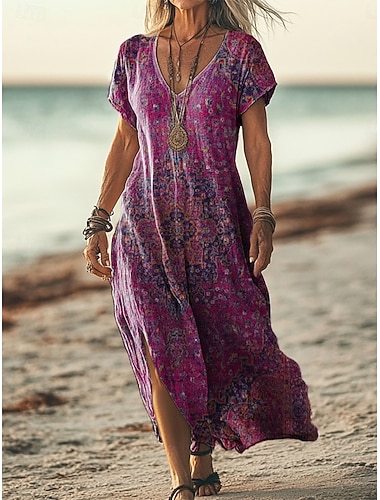  Per donna Abito lungo maxi Abito Boho Vestito Casual Abito a trapezio Abito Stampato Moda Moderno All'aperto Vacanza Weekend Vestibilità comoda Floreale Grafico Manica Corta Scollo a V Vino Verde
