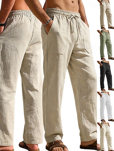  Herren Leinenhosen Sommerhose Strandhose Kordelzug Tasche Einfach Komfort Atmungsaktiv Volle Länge Täglich Heim Outdoor Urlaub Einfach Armeegrün Schwarz Unelastisch