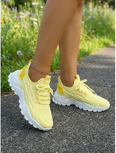  Gelbe Strick-Walkingschuhe für Damen – leichte, atmungsaktive Sportschuhe, lässige Freizeitschuhe zum Spazierengehen, fürs Fitnessstudio, auf Reisen und im Alltag