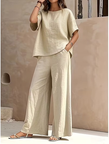  Dámské Sady kalhot Imitace bavlny a lnu Krátký rukáv Kulatý Pevná barva Módní Šik ven Ležérní Denní Venkovní Vodní modrá Černá Žlutá Léto Volný