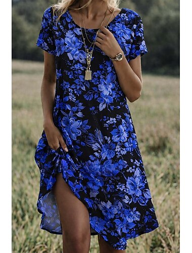  Per donna Mini Abito Vestito T-Shirt Abito a trapezio Abito Estivo Casual Quotidiano Spiaggia Ferie Vestibilità comoda Tropicale Manica Corta Girocollo Blu Verde Estate Primavera