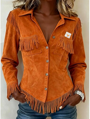  Dame Skjorte Bluse Langermede topper Knapper Frynser عادي Stilfull Vestlig Klassisk Langermet Skjortekrage Vanlige topper Daglig Ferie Ut på byen Oransje Sommer Vår