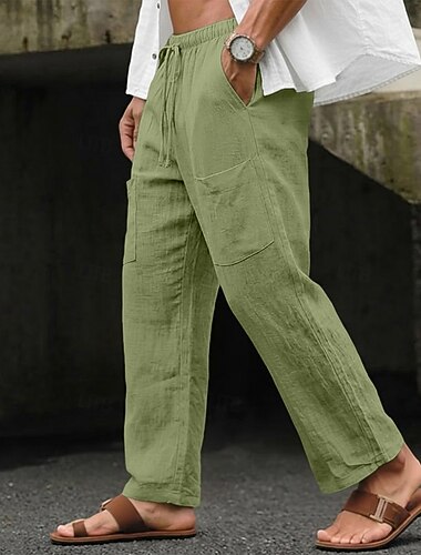  Herren Leinenhosen Sommerhose Baggy-Hosen Kordelzug Tasche Elastischer Bund Einfach Komfort Atmungsaktiv Volle Länge Lässig Täglich Outdoor Urlaub Mode Schwarz Grün Unelastisch