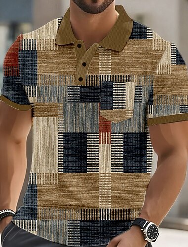  Per uomo Blocco di colori Polo Manica Corta Magliette polo Camicie con Colletto Casual All'aperto Athleisure Abbigliamento quotidiano Stampa 3D Bottoni Estate Blu Viola Marrone