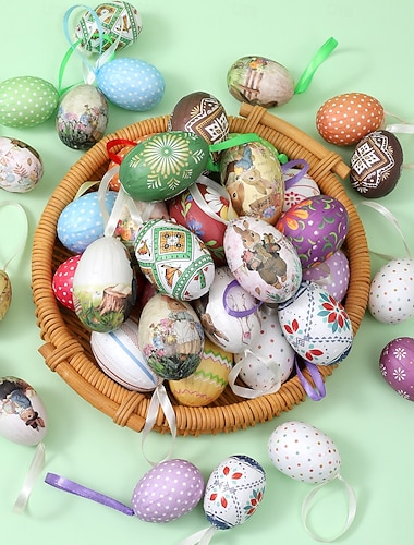  24 kpl pääsiäismunakoristeita, värikkäitä vintage-pupuja ja kukkamaalattuja munia nauhoilla, uudelleenkäytettäviä pääsiäispuukoristeita, kevään juhlalahjoja, korintäytteitä, sisustuslahja