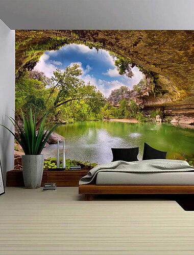  Moderner Wandteppich mit Waldpflanzen, Wasserfällen und Seelandschaft für Schlafzimmer, Wohnzimmer, Studentenwohnheim, Universitätszimmer, Heimdekoration – Fotohintergrund