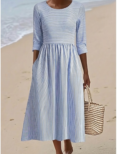  Women's Midi Dress Casual Dress Cotton Dress Fashion Modern Outdoor Vacation Holiday Regular Fit Striped 3/4 Length Sleeve Crew Neck Light Blue Summer Spring