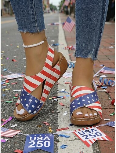  Damessandalen ter ere van het 250-jarig jubileum van de VS – comfortabele rood-blauwe schoenen met gekruiste bandjes voor parades, 4 juli en patriottische vieringen.