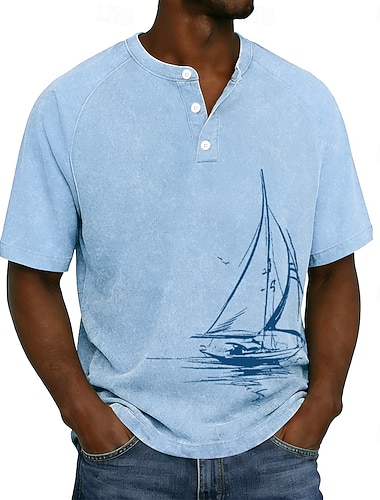  Homens Gráfico Vintage Lavado Camisa de algodão Camisetas Top Henley Manga Curta Vintage Designer Casual Casual Diário Ao ar livre Verão Primavera Todas as Estações Azul Claro Roxo Cinzento Henley