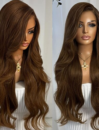  Aidot hiukset 5x5 Sulkeminen 13x4 pitsiä edessä Peruukki Vapaa osa Brasilialainen Laineita Ruskea Luonnollinen Peruukki 150% 180% Hiusten tiheys ja vauvan hiukset Luonnollinen hiusviiva 100% Neitsyt