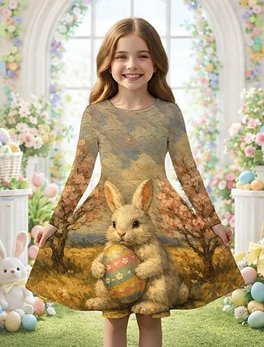  Pääsiäinen Tyttöjen 3D Kuvitettu Kani Mekko Pitkähihainen 3D-tulostus Kevät Syksy Päivittäin Loma Juhla söpö tyyli Vapaa-aika Prinsessa Lapset 4-12 vuotta Rento mekko A linjainen mekko Polvipituinen