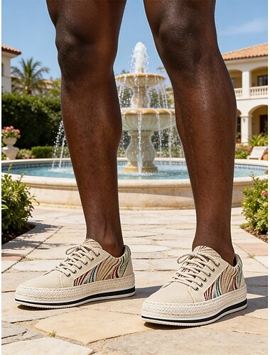  Beige canvas loafers voor heren met decoratief patroon, lichtgewicht en comfortabel, ideaal voor buitenactiviteiten in resorts, vakanties en reizen.