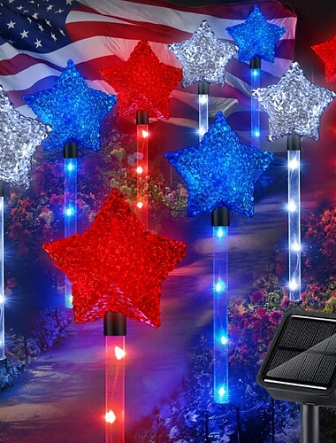  patriotique extérieur solaire rouge, blanc &Guirlandes lumineuses bleues en forme d'étoile, lampes LED étanches pour le sol, idéales pour le 4 juillet, le 250e anniversaire de l'indépendance, le