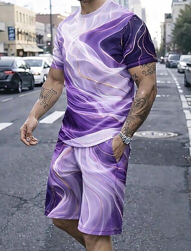  Herre Geometrisk 2stk T-shirts sæt Sommertoppe Kortærmet Korte bukser Rund hals Afslappet Hverdag udendørs Ferierejse Sport & Udendørs 3D-udskrivning Sommer Blå Lilla Grøn