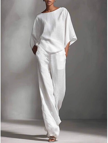  Dames Broeken Sets Imitatie katoenlinnen 3/4 mouw Strakke ronde hals Effen Kleur Modieus Streetwear Casual Dagelijks Buiten Zwart Wit Khaki Zomer Normale pasvorm