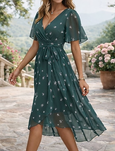  Damen Midikleid Cocktailkleid Chiffonkleid Blumenkleid Mode Modern Urlaub Ferien Teegesellschaft Normale Passform Blume Kurzarm V Ausschnitt Blau Hellgrün Rote Marineblau Sommer