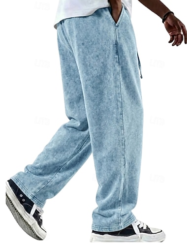  Homme Pantalons Pantalon décontracté 100% Coton Pantalons Amples Pantalon délavé à l'acide Cordon de serrage Taille Élastique Jambe Droite Uni Doux Confortable Longueur complète Occasionnel Quotidien