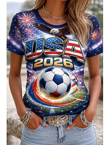  Damen T Shirt Druck Grafik Fussballteam Stilvoll Klassisch Lässig Kurzarm Rundhalsausschnitt Normale Oberteile Täglich Blau Sommer Frühling