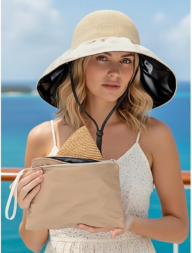  Cappello da sole pieghevole boho da donna con custodia, portatile, in poliestere, a tesa larga, disponibile in vari colori, ideale per l'uso quotidiano, i viaggi, le vacanze e il resort.