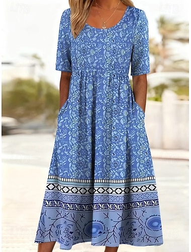  Damen Midikleid Sommerkleid Urlaub Lässig Boho Täglich Strand Normale Passform Blumen Halbarm Rundhalsausschnitt Blau Rote Dunkelblau Beige Sommer Frühling