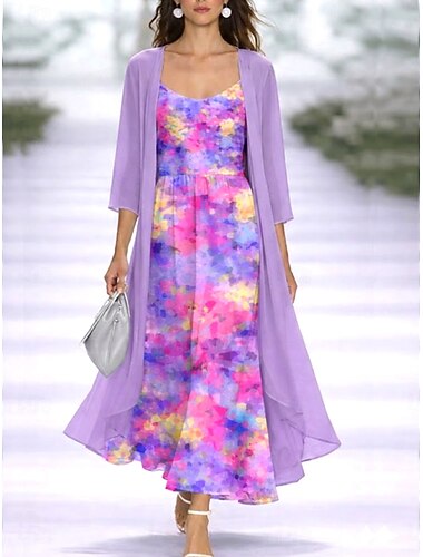  Damen Kleid-Set A Linie Kleid Urlaub Boho Blumen Grafik Geschichtet Druck Midikleid Dreiviertelarm V Ausschnitt Täglich Party Violett Sommer Frühling Normale Passform
