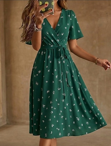  Damen Midikleid Cocktailkleid Chiffonkleid Blumenkleid Mode Modern Urlaub Ferien Teegesellschaft Normale Passform Blume Kurzarm V Ausschnitt Blau Hellgrün Rote Marineblau Sommer
