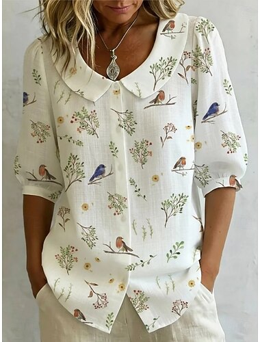  Mujer Camisa Floral Graphic Vintage Elegante Collar de Peter Pan Tops largos Diario Festivos Noche Azul Piscina Blanco Amarillo Verano Primavera