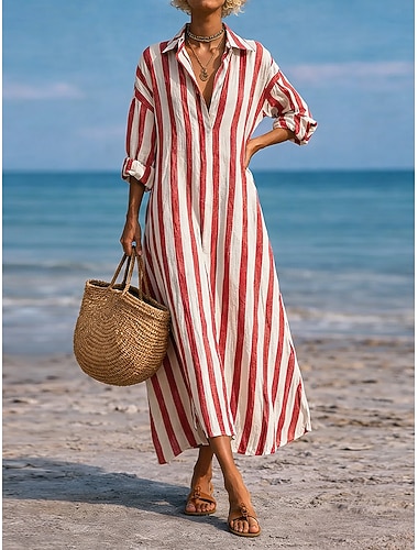  dame maxilang kjole imitert bomullslin kjole skjortekjole fritidskjole mote moderne daglig ferie ute løs passform stripete langermet v-hals blå svart rosa rød vår høst