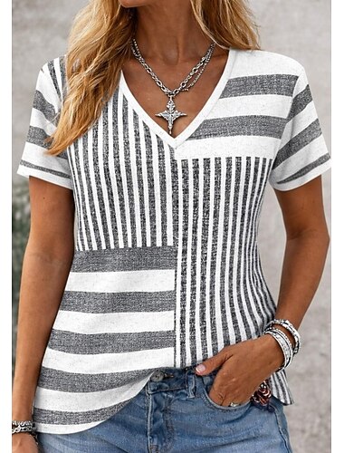  نسائي تي شيرت طباعة الرسم النباتات لون متغاير عتيق أنيق كلاسيكي كم قصير V رقبة قمصان عادية مناسب للبس اليومي الأخضر والأزرق أبيض التقزح اللوني الصيف الربيع