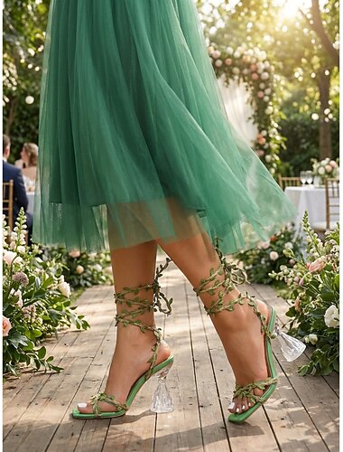  Women's Green Strappy High Heel Sandals - Elegant Garden Wedding Guest Shoes