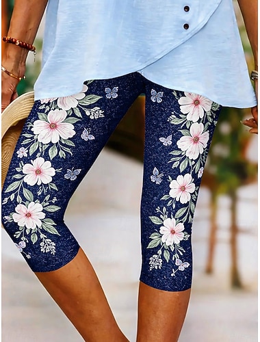  Damen Caprihose Chinos Leggings Urlaub Vintage Streetwear Wadenlang Hohe Taille Blumen Grafik Drucken Komfort Weich Bequem Dehnbar Täglich Outdoor Urlaub Dunkel Blau Sommer Frühling Schmale Passform