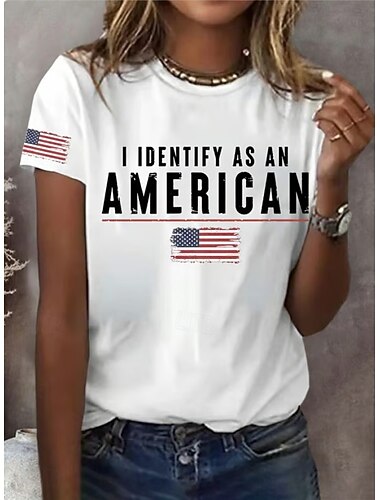  día de la independencia americana Mujer Camiseta Estampado Graphic Letra Bandera estadounidense Elegante Clásico Casual Manga Corta Cuello Barco Tops regulares Diario Azul Piscina Negro Blanco Verde