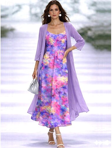  نسائي مجموعة اللباس فستان شكل حرف A العطلة بوهو ورد الرسم متعدد الطبقات طباعة فستان ميدي 3/4 الكم V رقبة مناسب للبس اليومي مناسب للحفلات بنفسجي فاتح الصيف الربيع عادي