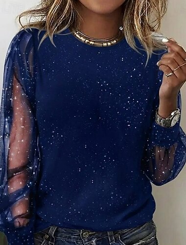  Damen Pailletten Funkelnd Party Glitzer Patchwork Netz Einfach Mode Modern Lässig Langarm Rundhalsausschnitt Normale Oberteile Täglich Wochenende Blau Schwarz Wein Herbst Winter
