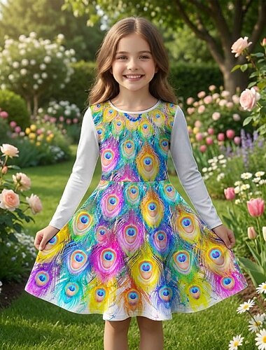  Mädchen' 3D Grafik Pfau Kleid Langarm 3D-Druck Frühling Herbst Täglich Urlaub Party Lässig Prinzessin Schön Kinder 4-12 Jahre Freizeitkleid A Linie Kleid Knielang Normale Passform