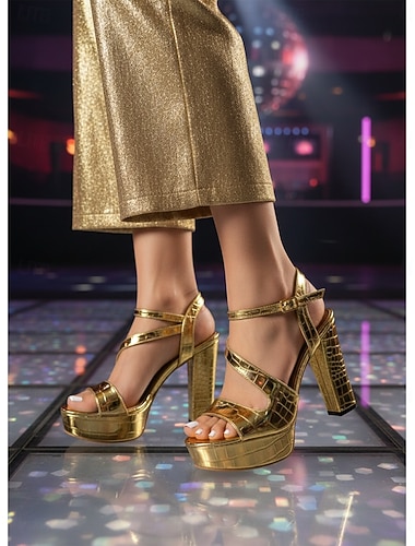  Sandali da donna glamour anni '70 con plateau dorato da discoteca - sandali grossi con cinturino alla caviglia e stampa coccodrillo metallizzata per feste da ballo retrò e serate in discoteca &eventi
