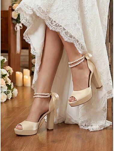  Ivoorwitte platform sandalen voor dames - elegante bruidshakken met parelbandjes voor kerkelijke bruiloften