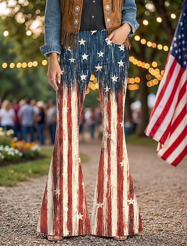  250. rocznica USA Retro / vintage 1970 Spodnie Spodnie z dzwonkiem Hipisowskie Dyskoteka Wysoka talia Zygzak Strój na bal maskowy Damskie Bal maskowy 4 lipca Impreza Dzień Niepodległości Dla dorosłych