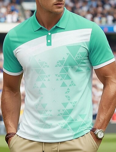  Men's Geometic Polo Shirts Short Sleeve Polo Shirts Collared Shirts Casual Athleisure Buttons Spring & Summer Blue Green