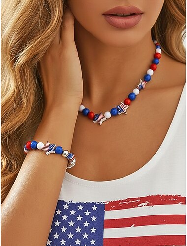  Zestaw patriotycznych naszyjników i bransoletek z akrylu dla kobiet, wielostylowa biżuteria z koralików w kolorze czerwonym, białym i niebieskim na obchody 250. rocznicy istnienia Ameryki, Dzień Niepodległości i na co dzień.