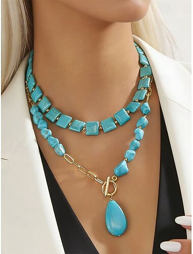  Dame bohemsk turkis lagdelt halskjede, imitert steinperle og gulllegeringskjede med dråpeformet anheng, bohemsk sommerstrandferie og hverdagssmykker