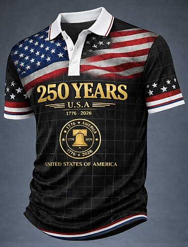  4 يوليو 2026، الذكرى 250 رجالي علم الولايات المتحدة الأمريكية قمصان البولو كم قصير قمصان البولو Lapel كاجوال ملابس الرياضة مناسب للبس اليومي ملابس المهرجانات طباعة ثلاثية الأبعاد Buttons للربيع والصيف