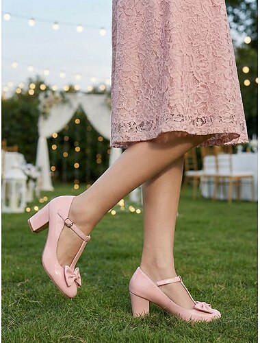  női rózsaszín blokk sarkú Mary Jane magassarkú masni díszítéssel, elegáns menyasszonyanya cipő kerti esküvőre, kerek orrú vintage ruha magassarkú kültéri szertartásra &hivatalos események