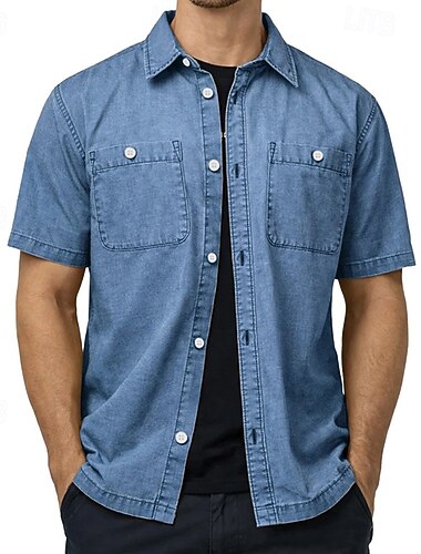  Herren Hemd Freizeithemd Knopfhemd Hemd aus 100 % Baumwolle in Säurewaschung Acid-Wash-Shirt Schwarz Weiß Hellgrün Burgunderrot Marineblau Kurzarm Einfach Hemdkragen Lässig Täglich Fronttasche
