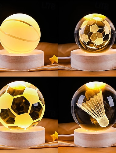  6 cm 3D-krystallkulelampe med gravert sportsdesign – fotball, basketball, badminton, tennis, USB-drevet LED-nattlys med trebase for soverom, fest, sportsfans, bursdag &julegaver