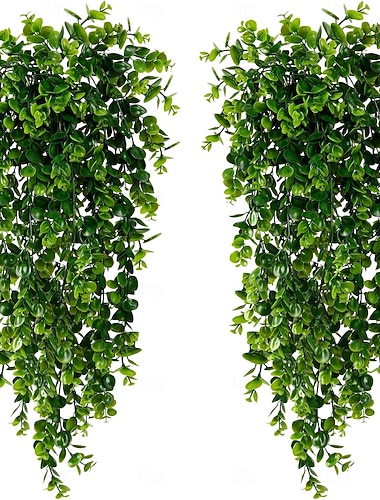  Confezione da 4 piante artificiali sospese, piante finte sospese, piante di eucalipto finte sospese, piante di plastica resistenti ai raggi UV per interni ed esterni, pareti, matrimoni, patio,