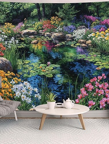 Lebendiger Seerosenteich, Naturlandschaft, Wandteppich, farbenfroher Blumengarten, ruhiger See, Wald, Wandbehang, Wohndekoration, Wohnzimmer, Schlafzimmer, Hintergrund