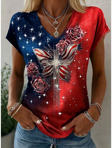  Amerikaanse onafhankelijkheidsdag Dames T-shirt Afdrukken Bloemig Grafisch Amerikaanse vlag Vintage Stijlvol Klassiek Korte mouw V-hals Normale tops Dagelijks Sportschool Sport Wit Rood / blauw Rode