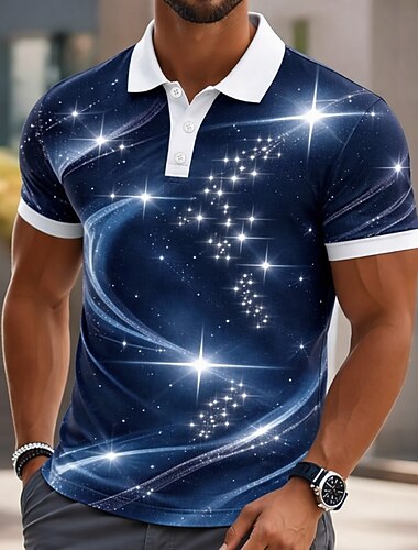  Męskie Wszechświat Koszulki polo Krótki rękaw Koszulki polo Koszule z kołnierzykiem Codzienny Athleisure Guziki Wiosna i lato Niebieski Czarny Fioletowy