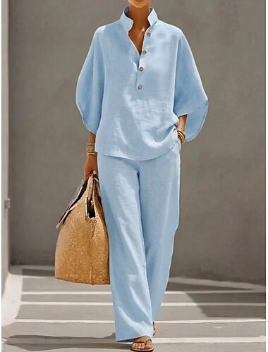  Dames Katoenen linnen sets 3/4 mouw Opstaand Effen Kleur Dagelijks Bedroefd Casual Dagelijks Zwart Geel Wijn Zomer Ruim Passend